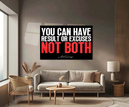 Quote Metal Poster | Arnold Schwarzenegger Quote – “Results or Excuses, Not Both” | Motivational Gym Wall Metal Frame Poster