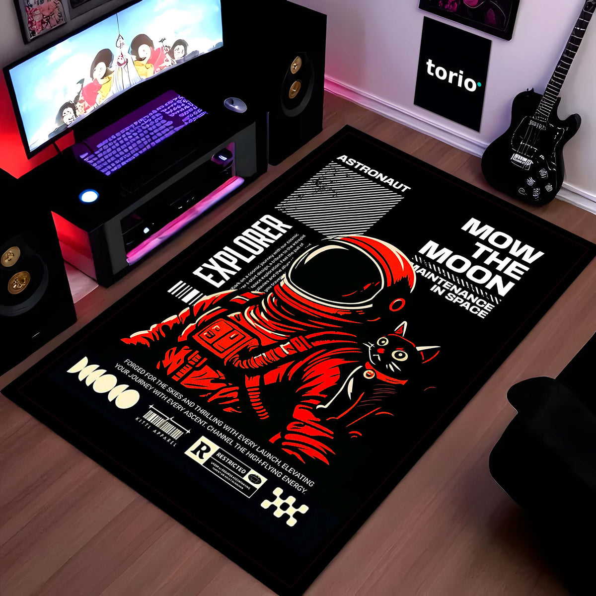 Astronaut & Space Cat Area Flat Rug | Retro Space Explorer Gaming Room Flat Rug | Cosmic Sci-Fi Floor Decor