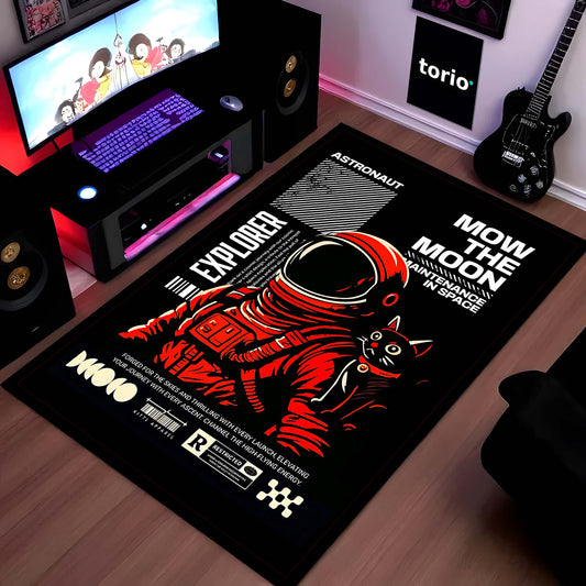 Astronaut & Space Cat Area Flat Rug | Retro Space Explorer Gaming Room Flat Rug | Cosmic Sci-Fi Floor Decor