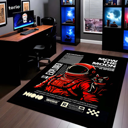 Astronaut & Space Cat Area Flat Rug | Retro Space Explorer Gaming Room Flat Rug | Cosmic Sci-Fi Floor Decor