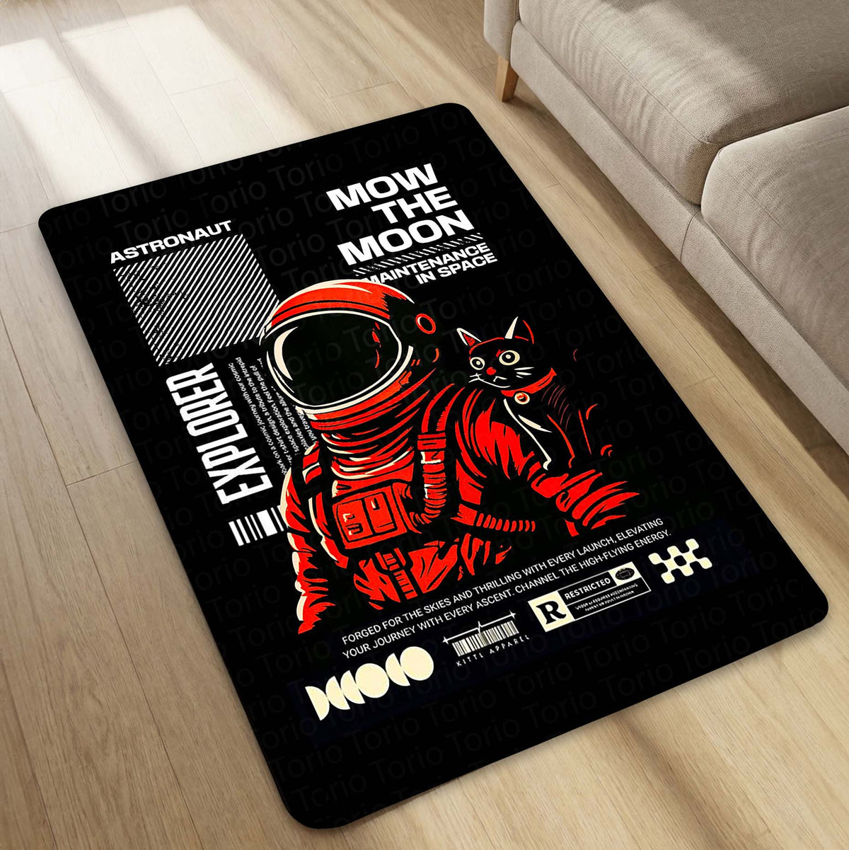 Astronaut & Space Cat Area Flat Rug | Retro Space Explorer Gaming Room Flat Rug | Cosmic Sci-Fi Floor Decor