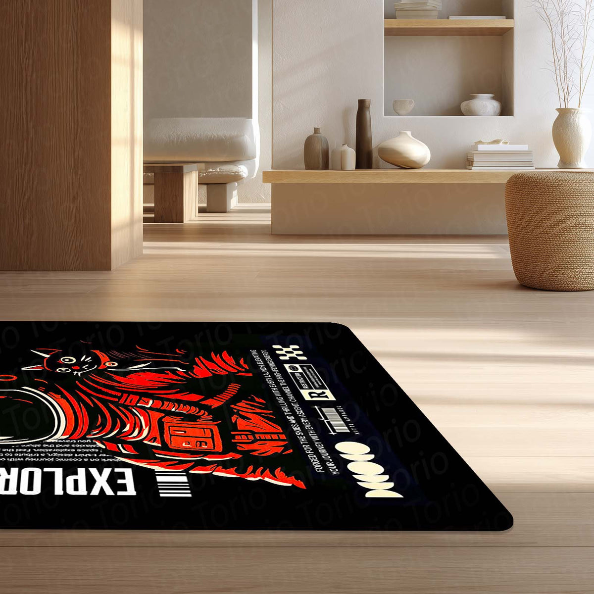 Astronaut & Space Cat Area Flat Rug | Retro Space Explorer Gaming Room Flat Rug | Cosmic Sci-Fi Floor Decor