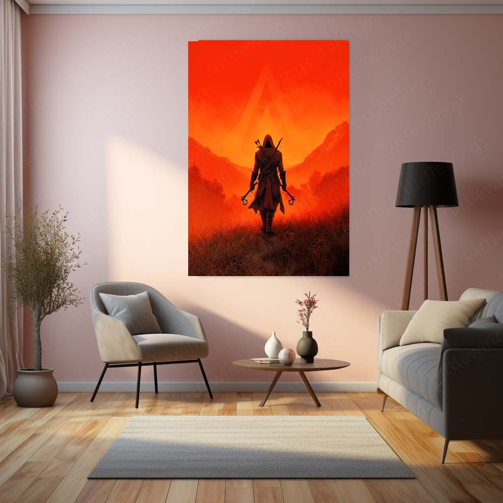 Game Metal Poster | Assassin’s Creed Metal Poster | Hooded Assassin Sunset Wall Art | Legendary Gaming Metal Frame