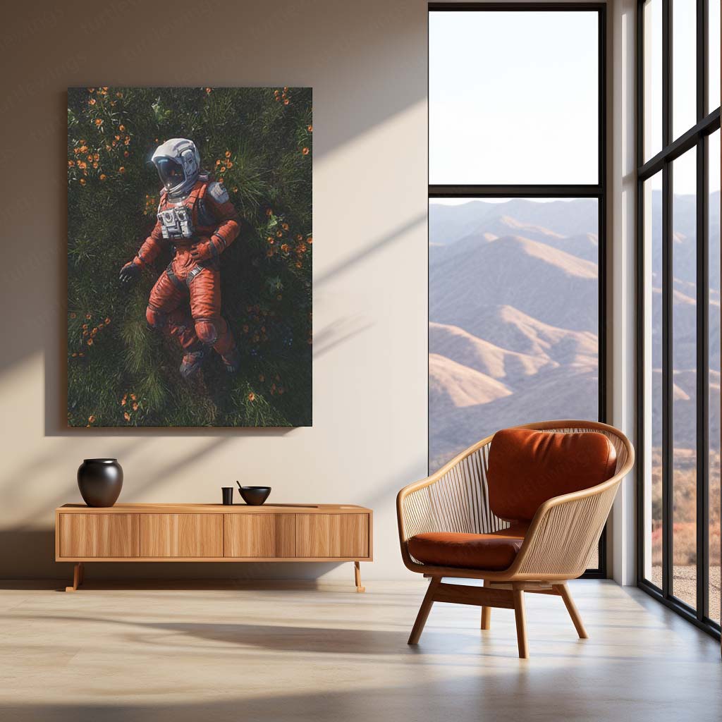 Among the Flowers – Cosmic Serenity Wall Art  Astronaut Dreamscape Space Metal Frame by TurtleWings