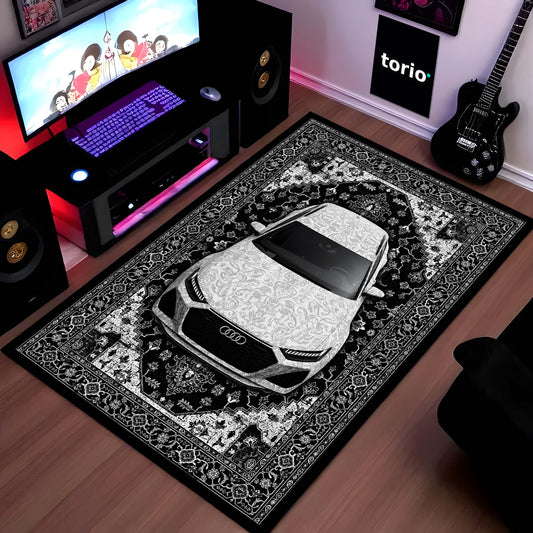Audi Luxury Persian Wrap Area Flat Rug | Premium Sports Car Floor Mat | Black & White Ornamental Automotive Flat Rug for Bedroom, Gaming Room, Garage & Car Enthusiast Decor