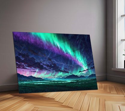 Aurora Night Sky – Green & Purple Landscape | Premium Metal Poster