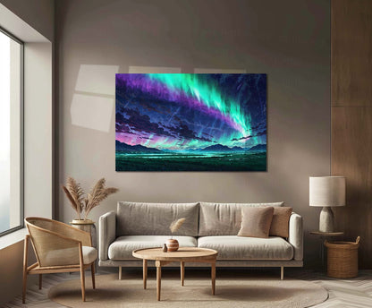 Aurora Night Sky – Green & Purple Landscape | Premium Metal Poster