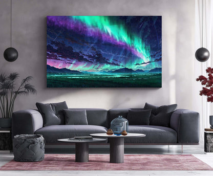 Aurora Night Sky – Green & Purple Landscape | Premium Metal Poster