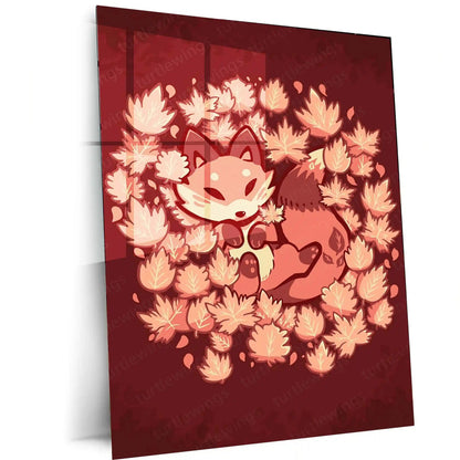 Autumn Leaves Fox | Calm Nature Metal Frame Serene Forest Aesthetic Wall Art - TURTLEWINGS