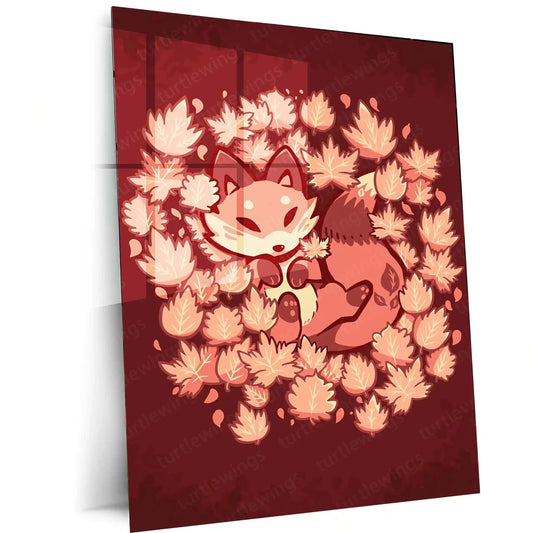 Autumn Leaves Fox | Calm Nature Metal Frame Serene Forest Aesthetic Wall Art - TURTLEWINGS