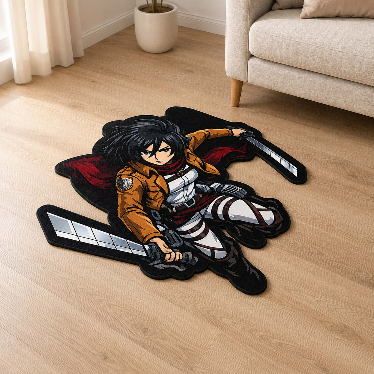 Mikasa Ackerman Attack on Titan Cut-out Flat Rug | Iconic Anime Warrior Flat Rug | Premium Manga Room Decor