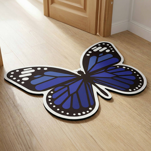 Blue Butterfly Art Floor Mat (3 mm Thick) | Aesthetic Butterfly Shaped Flat Rug for Living Room, Bedroom, Entryway & Modern Home Decor