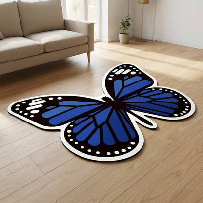 Blue Butterfly Art Floor Mat (3 mm Thick) | Aesthetic Butterfly Shaped Flat Rug for Living Room, Bedroom, Entryway & Modern Home Decor