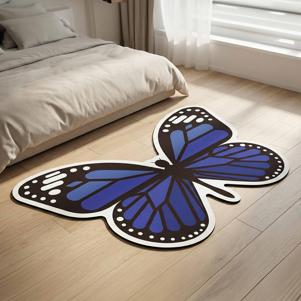Blue Butterfly Art Floor Mat (3 mm Thick) | Aesthetic Butterfly Shaped Flat Rug for Living Room, Bedroom, Entryway & Modern Home Decor