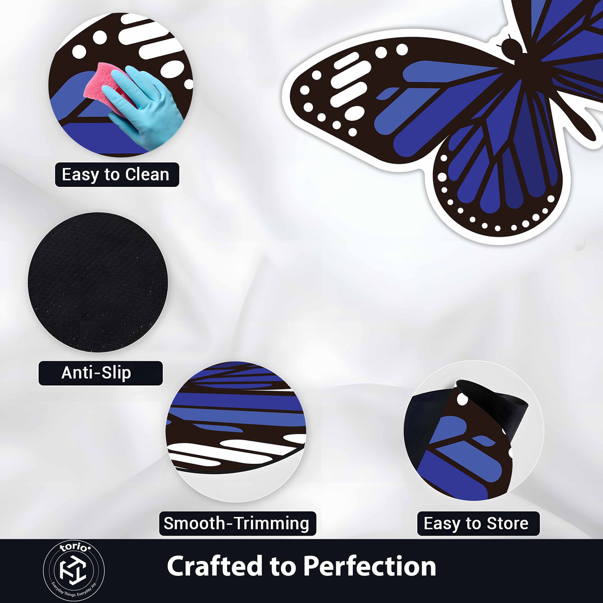 Blue Butterfly Art Floor Mat (3 mm Thick) | Aesthetic Butterfly Shaped Flat Rug for Living Room, Bedroom, Entryway & Modern Home Decor