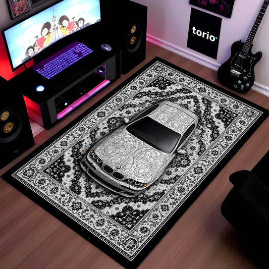 BMW Luxury Persian Wrap Area Flat Rug | Premium Sports Car Floor Mat | Monochrome Floral Automotive Flat Rug for Bedroom, Gaming Room, Garage & Car Enthusiast Decor