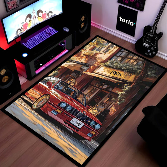 BMW E30 M3 Vintage Car Area Flat Rug | Classic BMW Sports Car Floor Mat | Automotive Enthusiast Flat Rug for Bedroom, Gaming Room & Garage Decor