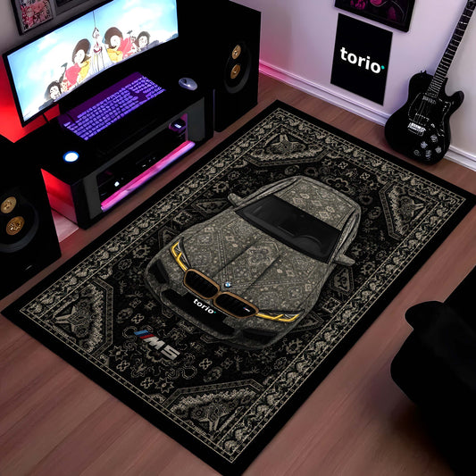 BMW M5 Persian Pattern Area Flat Rug | Luxury Performance Sedan Floor Mat | Black & Grey Automotive Flat Rug for Bedroom, Gaming Room, Garage & BMW Enthusiast Decor