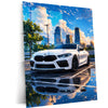 BMW M8 Competition Cityscape Metal Poster | White Luxury Sports Wall Art
