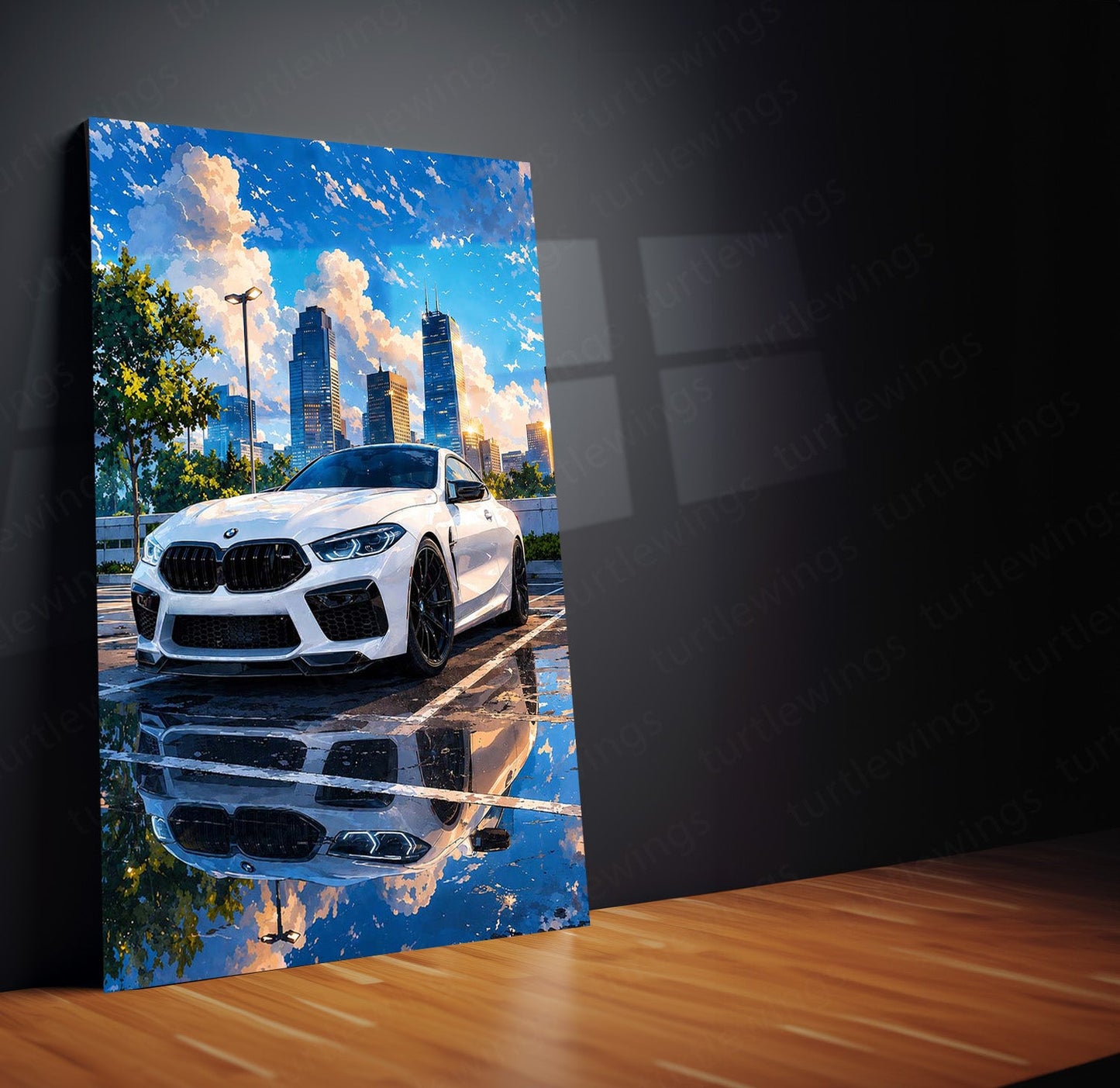 BMW M8 Competition Cityscape Metal Poster | White Luxury Sports Wall Art