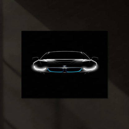 BMW i8 Neon LED Metal Poster | Futuristic Hybrid Supercar Wall Art | Electric Blue Glow Frame - TURTLEWINGS