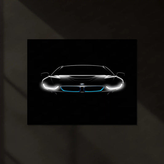 BMW i8 Neon LED Metal Poster | Futuristic Hybrid Supercar Wall Art | Electric Blue Glow Frame - TURTLEWINGS