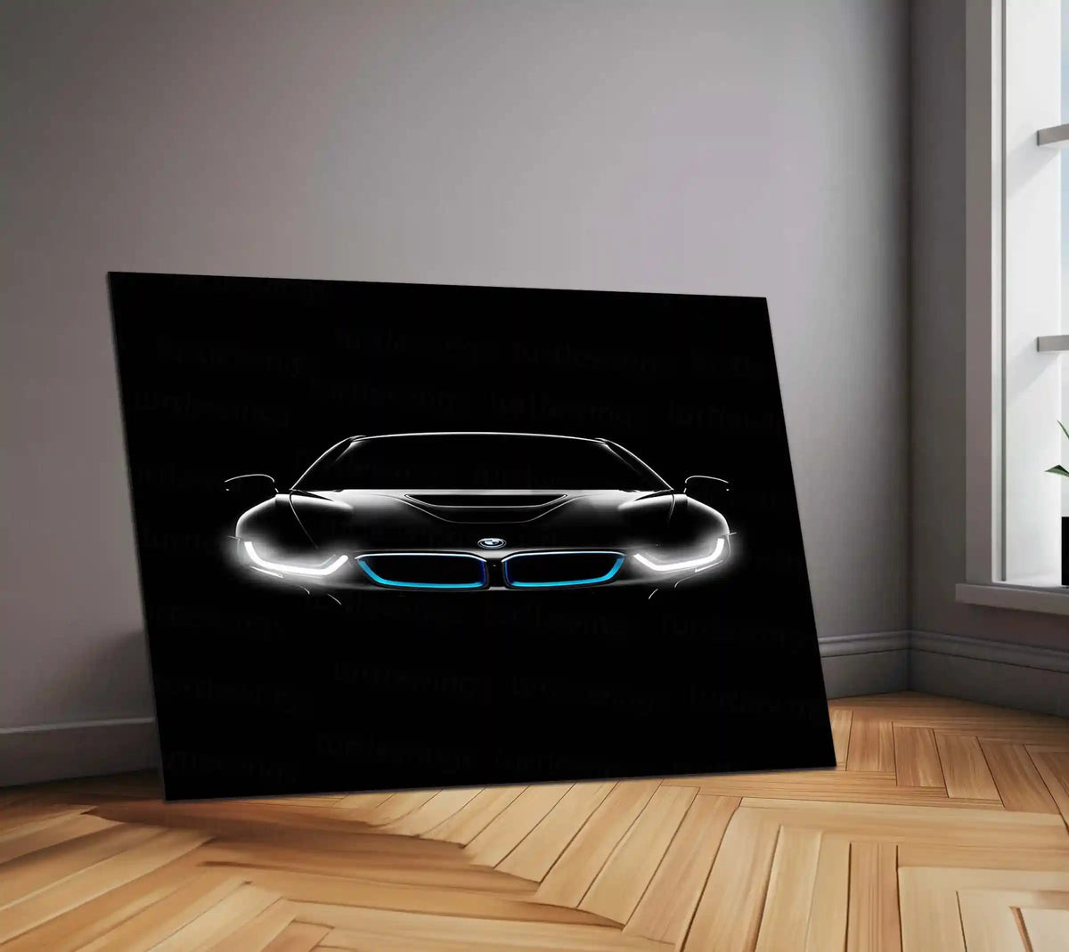 BMW i8 Neon LED Metal Poster | Futuristic Hybrid Supercar Wall Art | Electric Blue Glow Frame - TURTLEWINGS