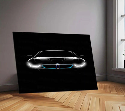 BMW i8 Neon LED Metal Poster | Futuristic Hybrid Supercar Wall Art | Electric Blue Glow Frame - TURTLEWINGS