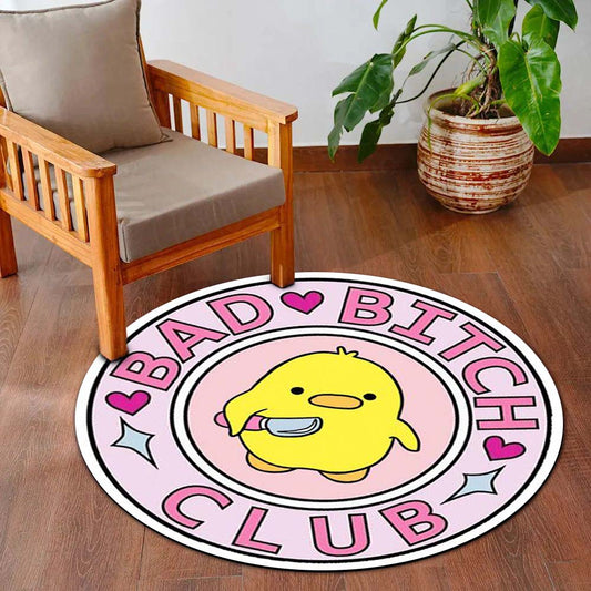 Bad Bitch Club Round Flat Rug | Cute Yellow Duck Aesthetic Circle Floor Mat | Anti-Slip 3 mm Absorbent Flat Rug for Bedroom, Vanity Room & Kawaii Decor