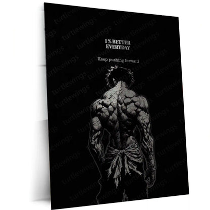 Quote Metal Poster | 1% Better Everyday | Baki Hanma Inspired Metal Frame Relentless Discipline, Brutal Strength & Warrior Mindset Wall Art - TURTLEWINGS 