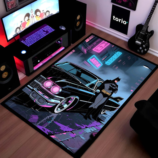 Batman Neon City Area Flat Rug | Retro Batmobile Floor Mat | Dark Knight Gaming Flat Rug | Cyberpunk Superhero Room Decor Carpet for Bedroom, Gaming Setup, Studio & Home
