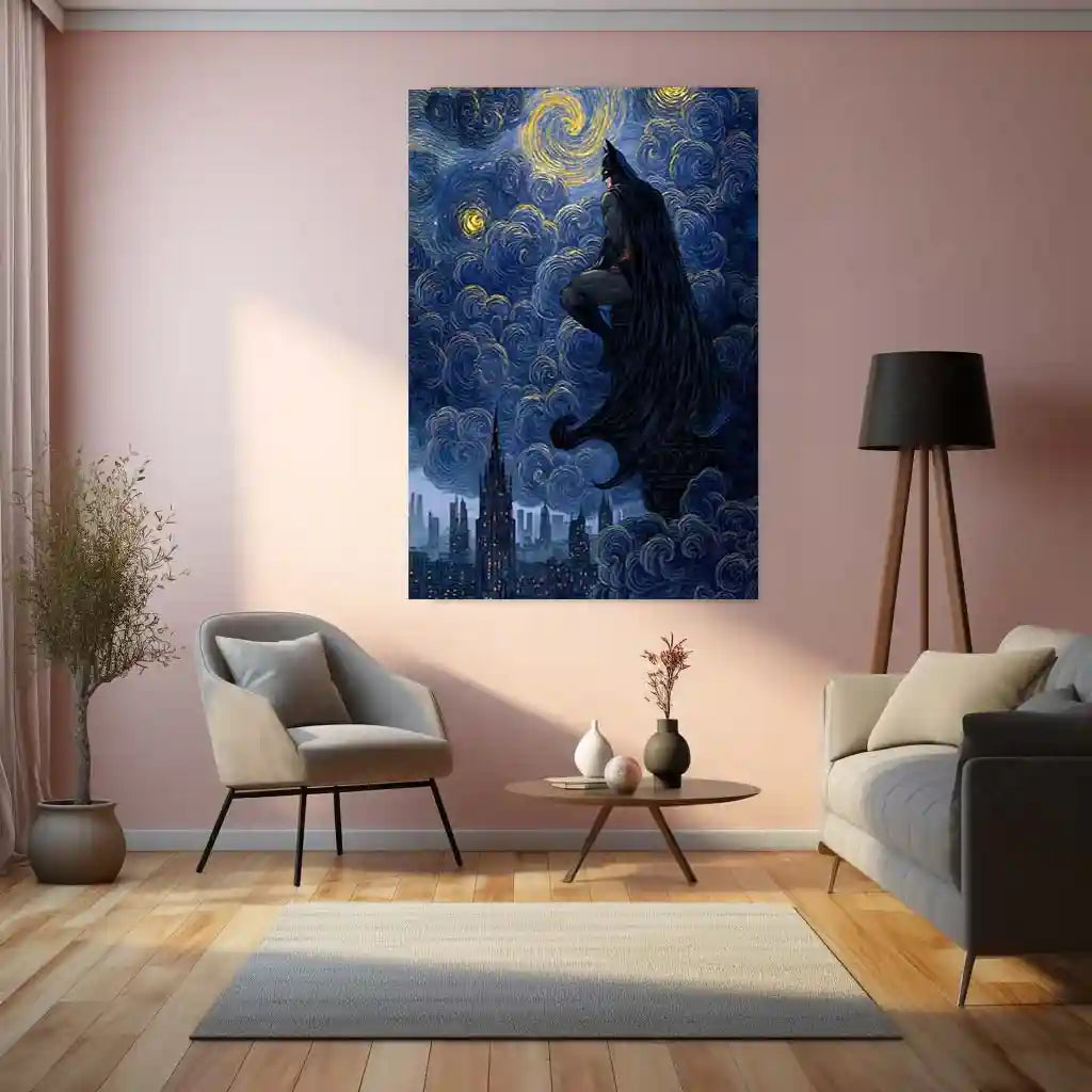 Batman Starry Night Metal Poster | Gotham Meets Van Gogh | Dark Knight Wall Art Frame - TURTLEWINGS