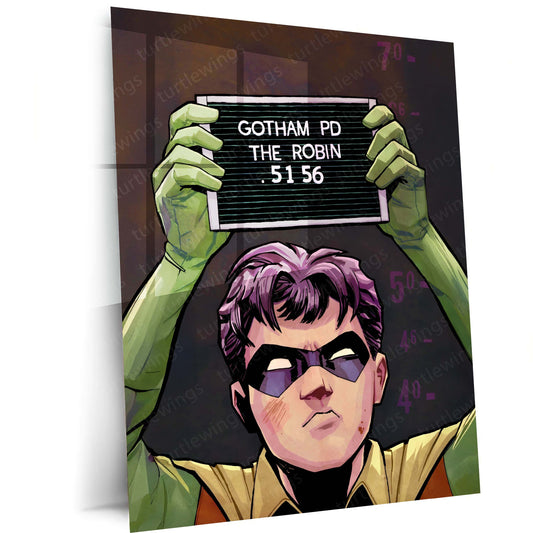Robin Mugshot Metal Frame | Comic-Style Superhero Wall Art | Premium Metal Poster