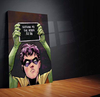 Robin Mugshot Metal Frame | Comic-Style Superhero Wall Art | Premium Metal Poster