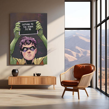 Robin Mugshot Metal Frame | Comic-Style Superhero Wall Art | Premium Metal Poster