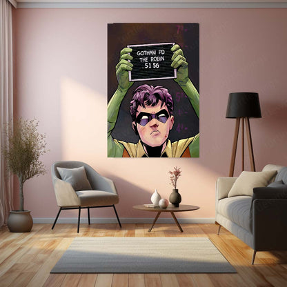 Robin Mugshot Metal Frame | Comic-Style Superhero Wall Art | Premium Metal Poster