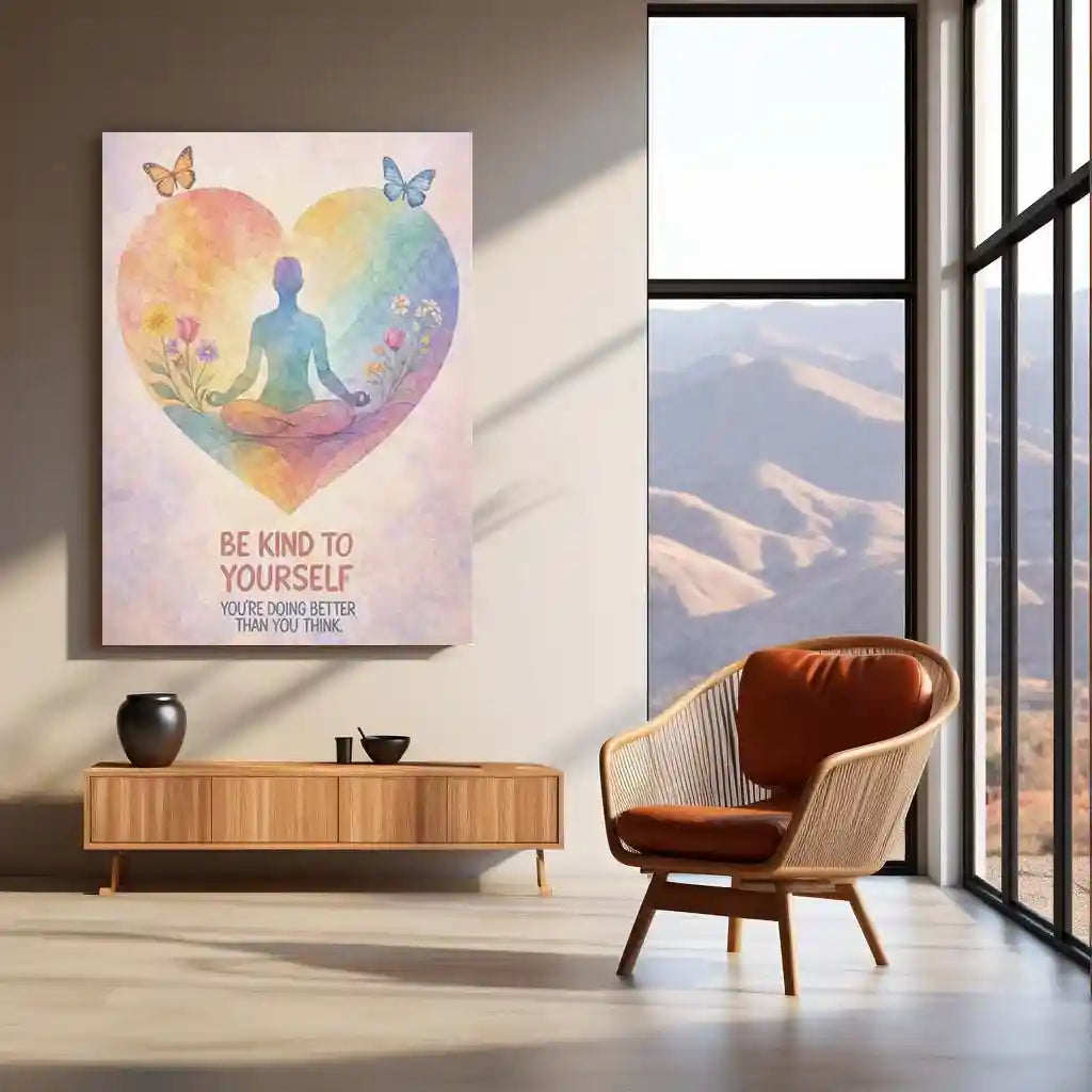 Quote Metal Poster | Be Kind to Yourself – Self Love & Mindfulness Wall Art | Peaceful Meditation Inspirational Metal Frame - TURTLEWINGS