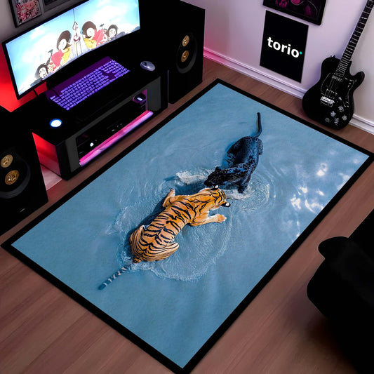 Tiger vs Black Panther Floor Mat | Wildlife Animal Area Flat Rug | Anti-Slip 3mm Absorbent Floor Mat for Living Room, Bedroom, Office & Modern Decor