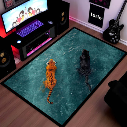 Tiger & Black Panther Area Flat Rug | Wildlife Animal Floor Mat | Aesthetic Jungle Theme Flat Rug for Living Room, Bedroom & Gaming Room | Anti Slip Washable 3 mm Thin Carpet