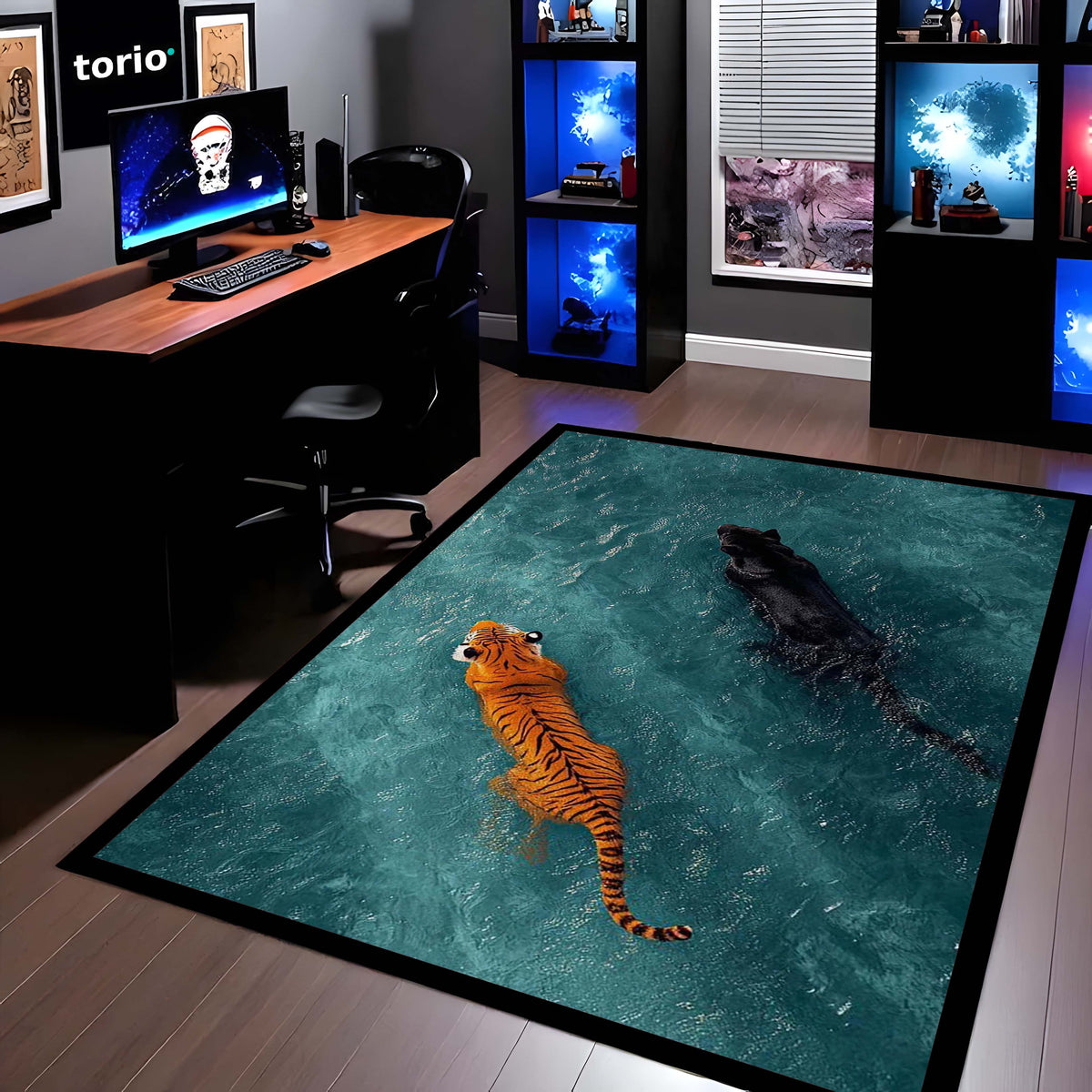 Tiger & Black Panther Area Flat Rug | Wildlife Animal Floor Mat | Aesthetic Jungle Theme Flat Rug for Living Room, Bedroom & Gaming Room | Anti Slip Washable 3 mm Thin Carpet