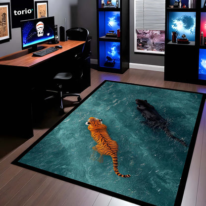 Tiger & Black Panther Area Flat Rug | Wildlife Animal Floor Mat | Aesthetic Jungle Theme Flat Rug for Living Room, Bedroom & Gaming Room | Anti Slip Washable 3 mm Thin Carpet
