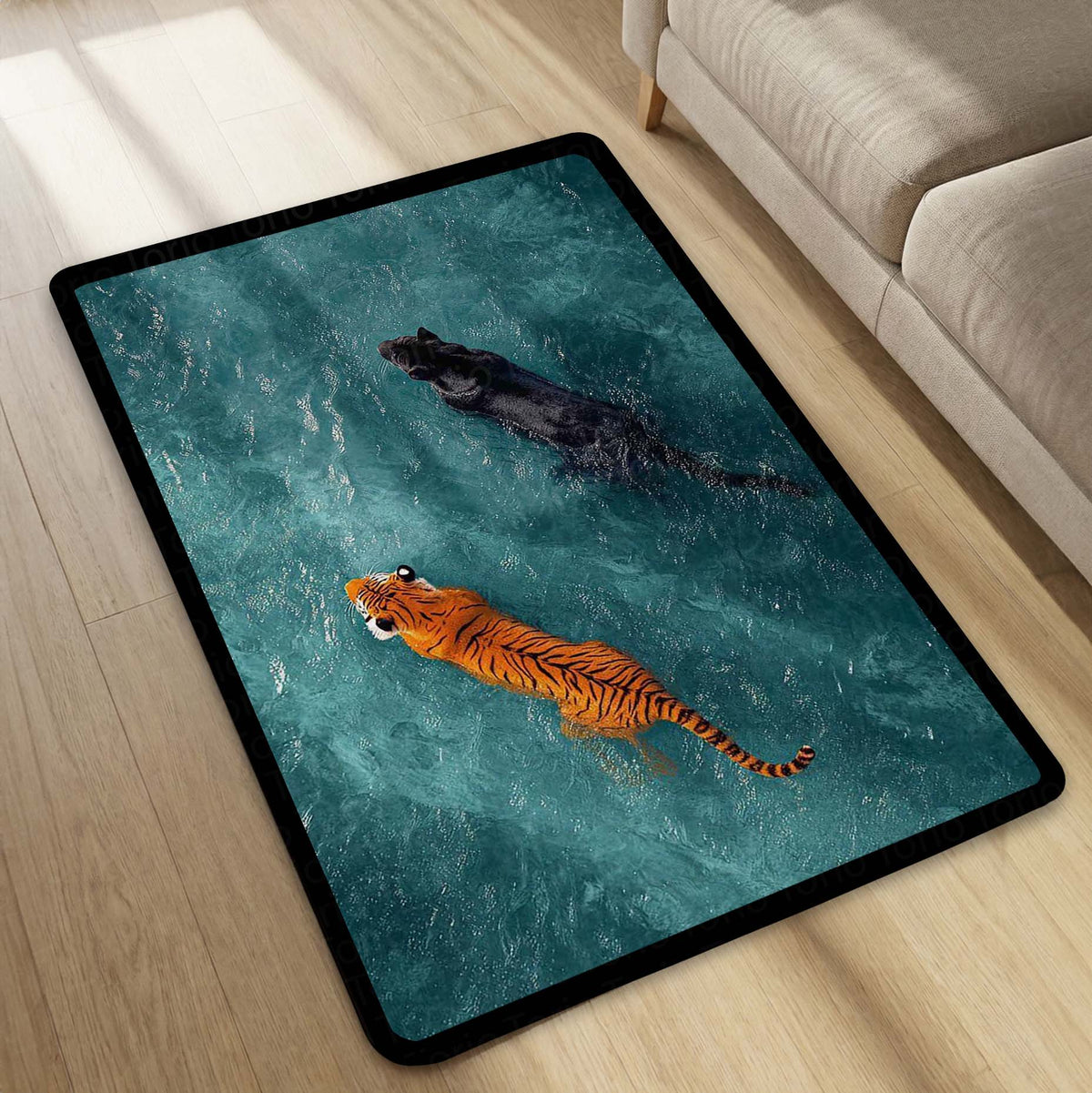 Tiger & Black Panther Area Flat Rug | Wildlife Animal Floor Mat | Aesthetic Jungle Theme Flat Rug for Living Room, Bedroom & Gaming Room | Anti Slip Washable 3 mm Thin Carpet