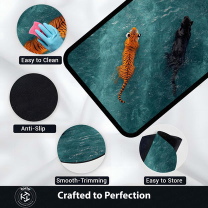 Tiger & Black Panther Area Flat Rug | Wildlife Animal Floor Mat | Aesthetic Jungle Theme Flat Rug for Living Room, Bedroom & Gaming Room | Anti Slip Washable 3 mm Thin Carpet