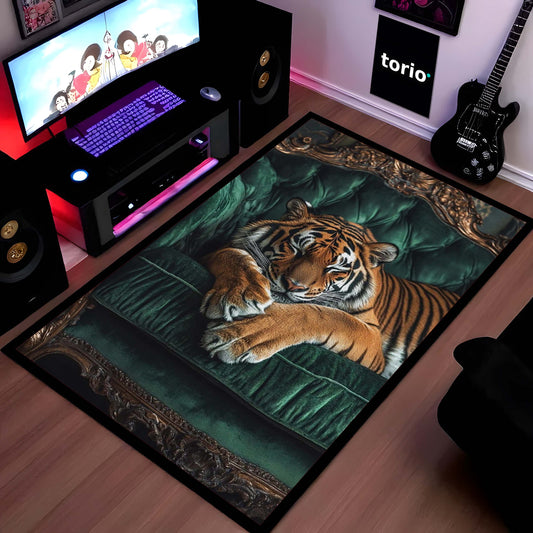 Royal Tiger Luxury Area Flat Rug | Premium Wildlife Floor Mat | Aesthetic Tiger Sofa Design Flat Rug for Living Room, Bedroom & Modern Home Decor | Anti Slip Washable 3 mm Carpet