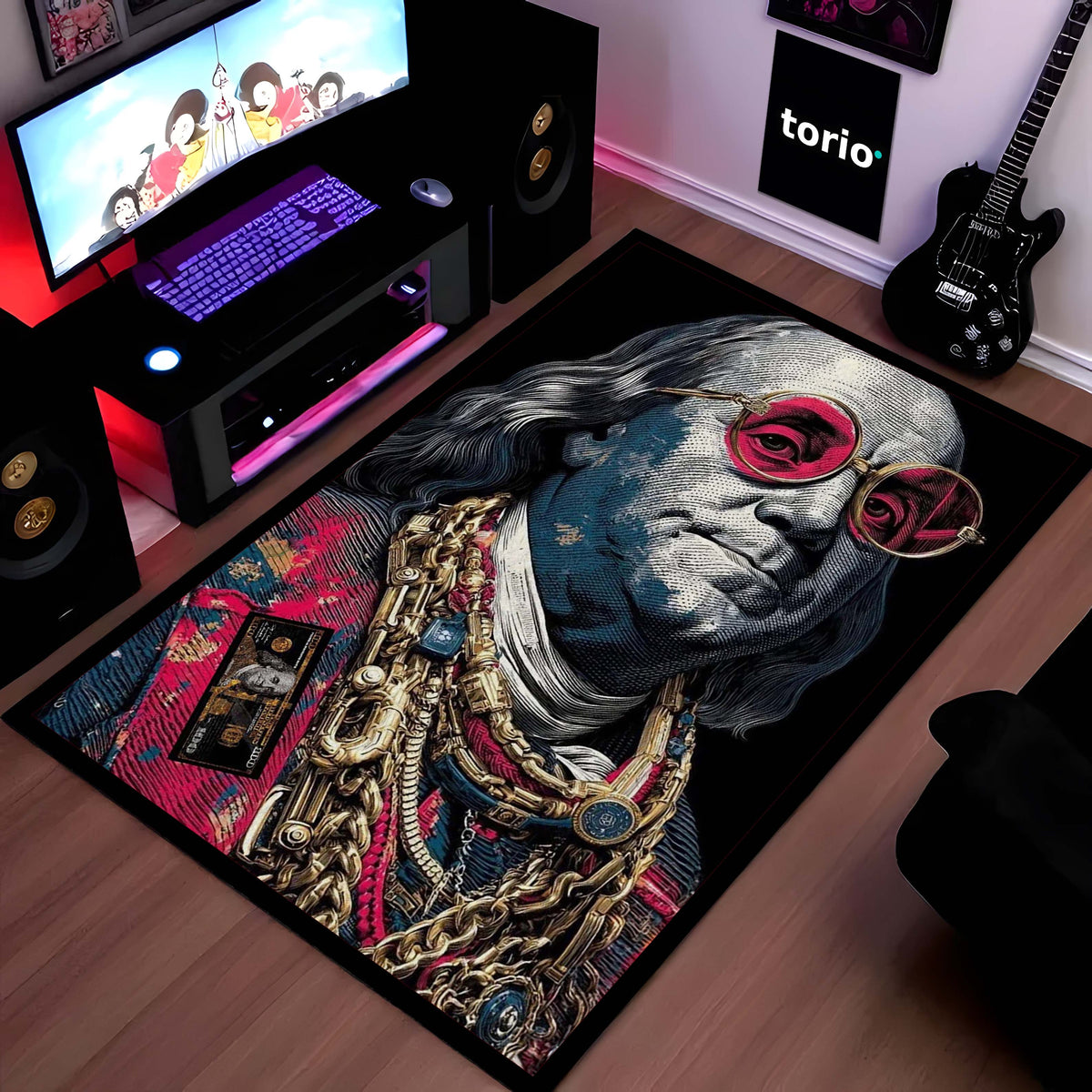 Benjamin Franklin Area Flat Rug | Money Aesthetic Floor Mat Carpet | Dollar Theme Luxury Flat Rug | Hip Hop Style Rich Vibe Flat Rug for Bedroom, Gaming Room & Modern Home Decor