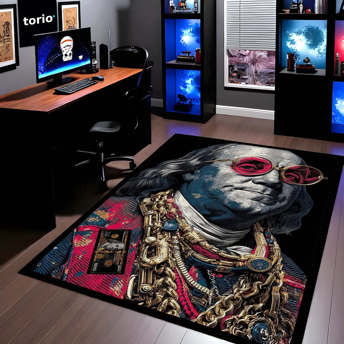 Benjamin Franklin Area Flat Rug | Money Aesthetic Floor Mat Carpet | Dollar Theme Luxury Flat Rug | Hip Hop Style Rich Vibe Flat Rug for Bedroom, Gaming Room & Modern Home Decor