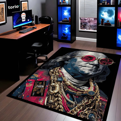 Benjamin Franklin Area Flat Rug | Money Aesthetic Floor Mat Carpet | Dollar Theme Luxury Flat Rug | Hip Hop Style Rich Vibe Flat Rug for Bedroom, Gaming Room & Modern Home Decor