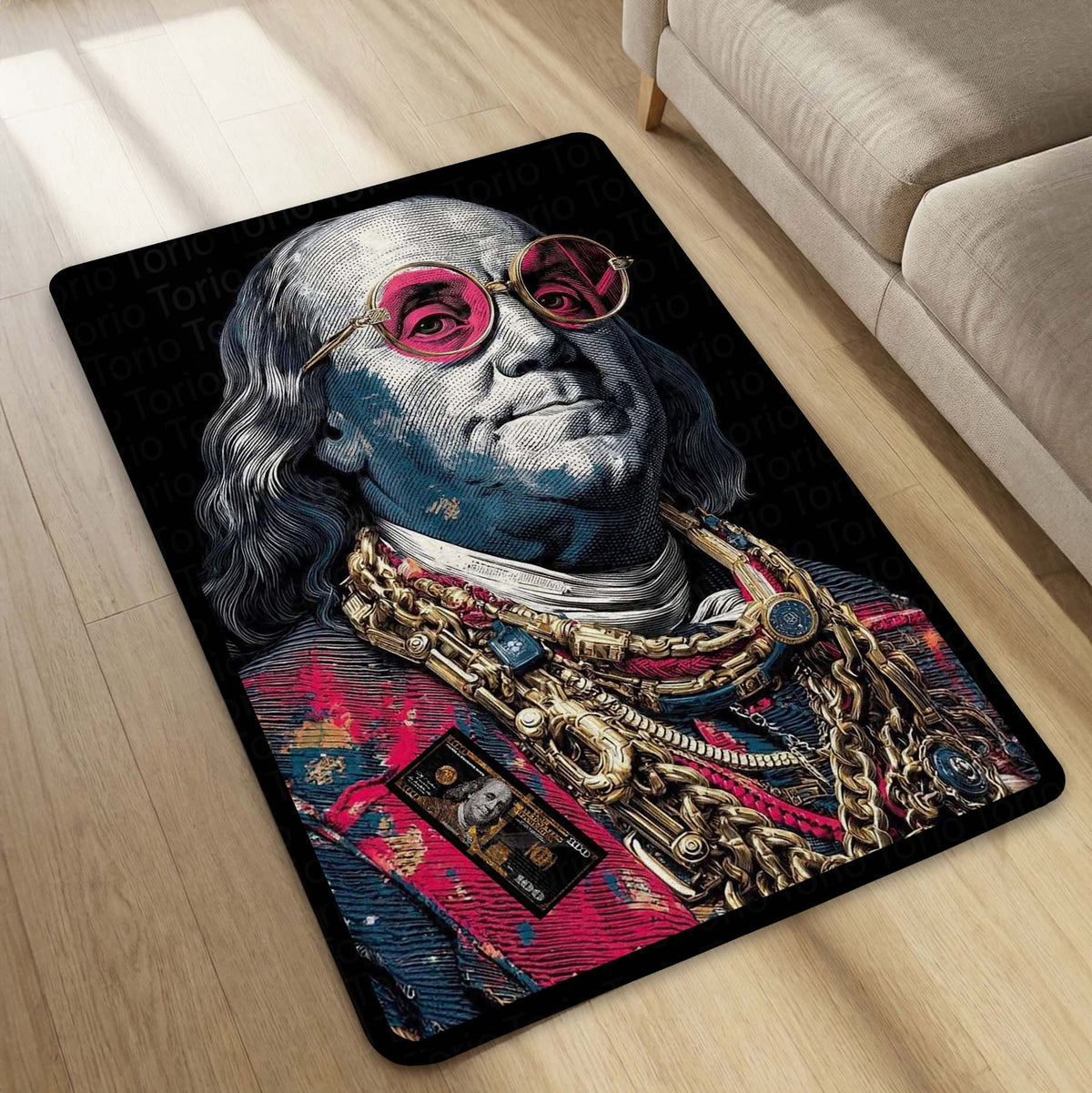 Benjamin Franklin Area Flat Rug | Money Aesthetic Floor Mat Carpet | Dollar Theme Luxury Flat Rug | Hip Hop Style Rich Vibe Flat Rug for Bedroom, Gaming Room & Modern Home Decor