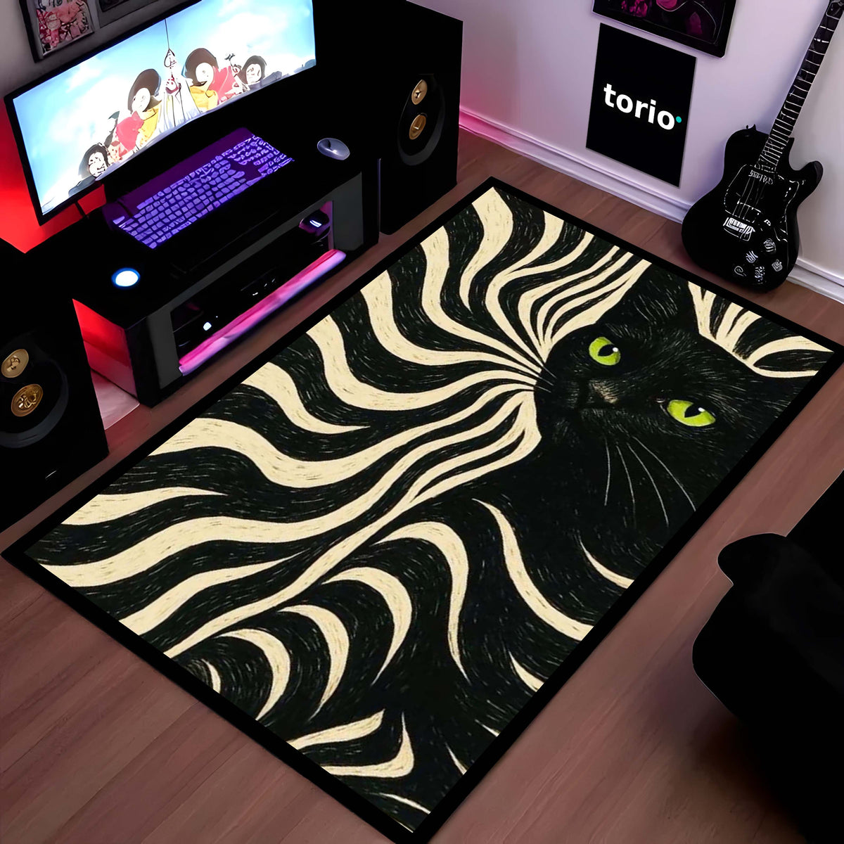 Minimalist Black Cat Area Flat Rug | Sleek Silhouette Floor Mat | Modern Aesthetic Flat Rug for Living Room, Gaming Setup & Bedroom Decor