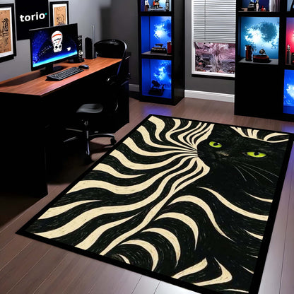 Minimalist Black Cat Area Flat Rug | Sleek Silhouette Floor Mat | Modern Aesthetic Flat Rug for Living Room, Gaming Setup & Bedroom Decor